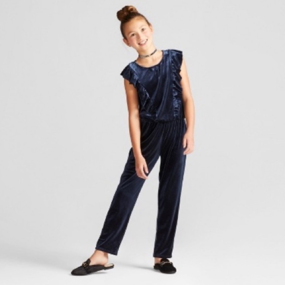 Cat & Jack Girls Blue Velvet Jumpsuit NWT